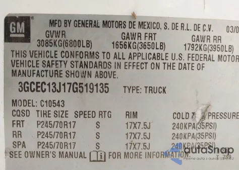 2007 Chevrolet Silverado 1500 Lt2 z USA, uszkodzony, nr VIN 3GCEC13J17G519135